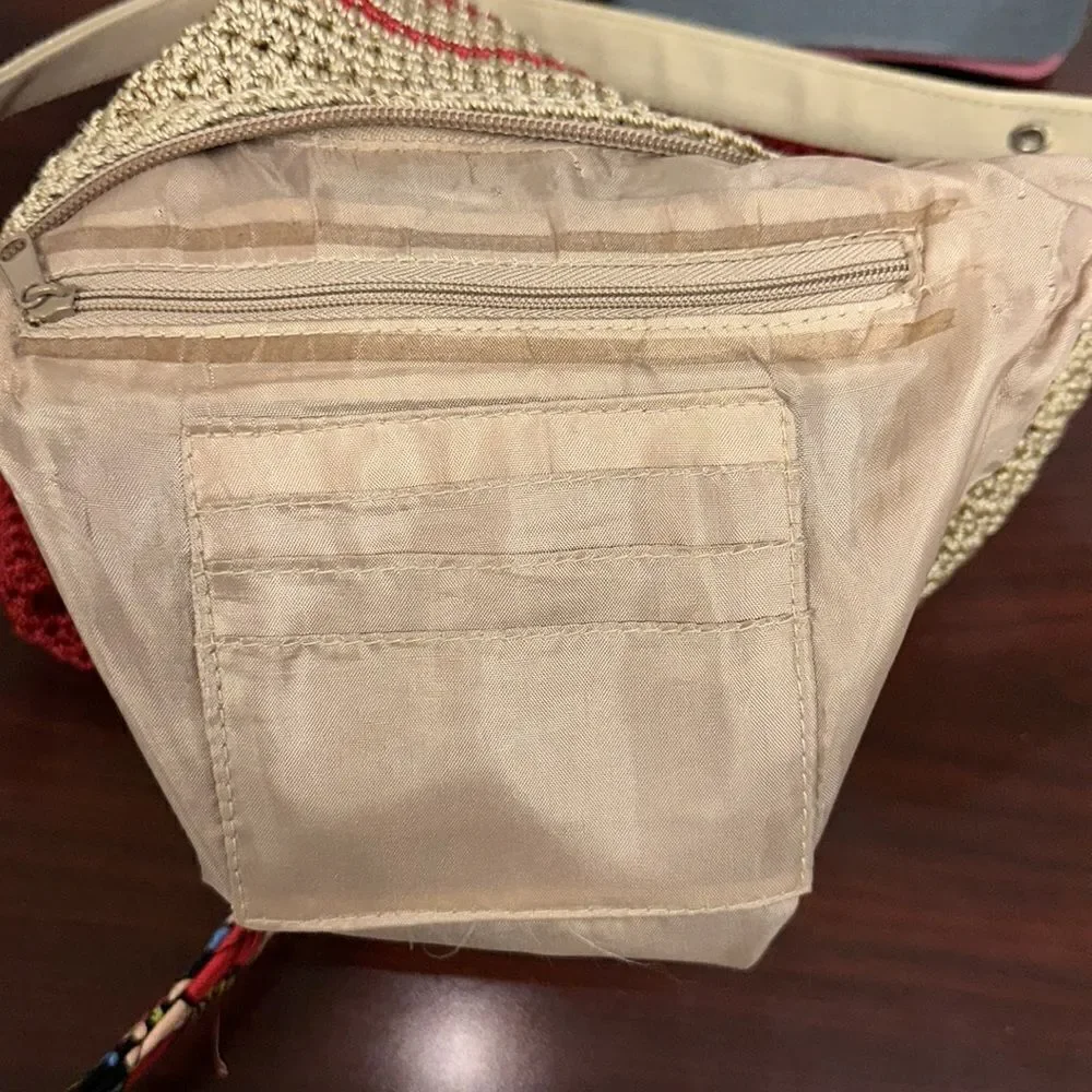 Red Tan Macrame Crochet Hobo Bag Purse